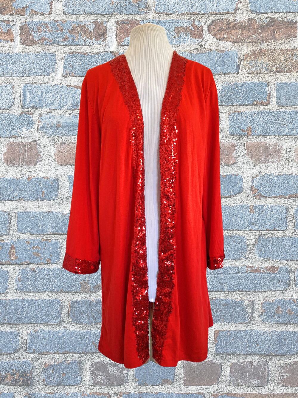 Park & Main Red Sequined Trim Open Front Kimono Cardigan Size 3X